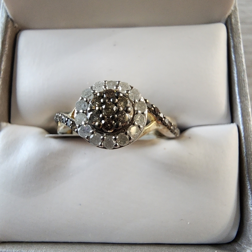 Gold over Silver Women's Ring 1/2cttw, Size 7, Brown,white , infinity halo